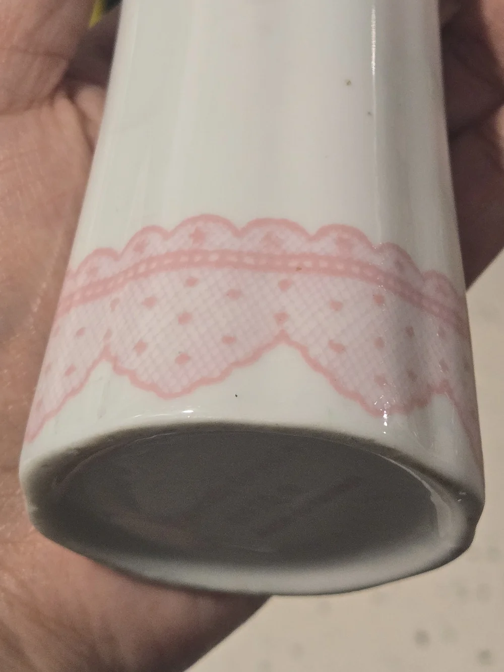 Vintage White Ceramic Bud Vase with Pink Lace Pattern